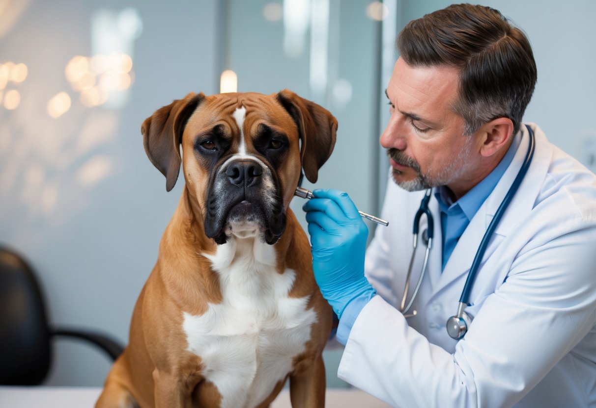 A veterinarian examining a boxer dog's ears, skin, and teeth during a preventive health check-up. The dog looks uncomfortable and emits a foul odor