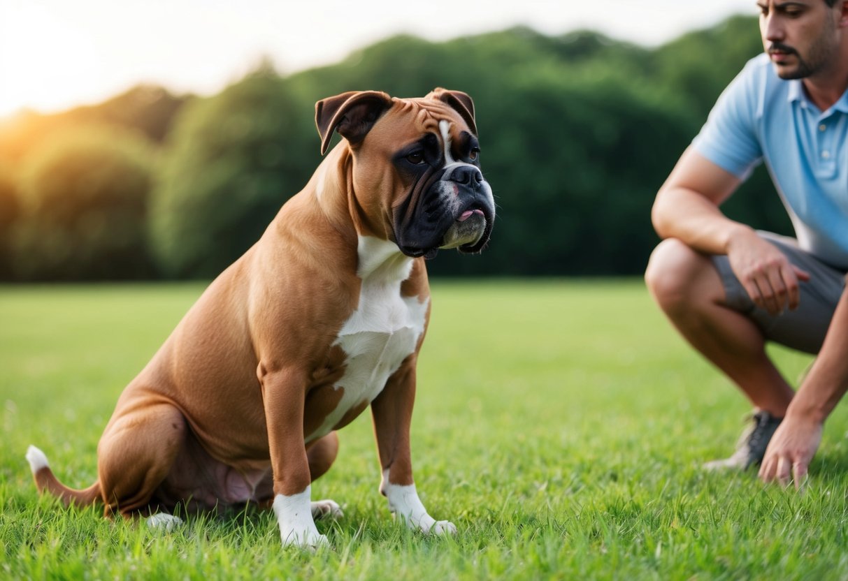 A boxer dog with a wrinkled face snorts while sitting on a grassy field, with a concerned owner looking on