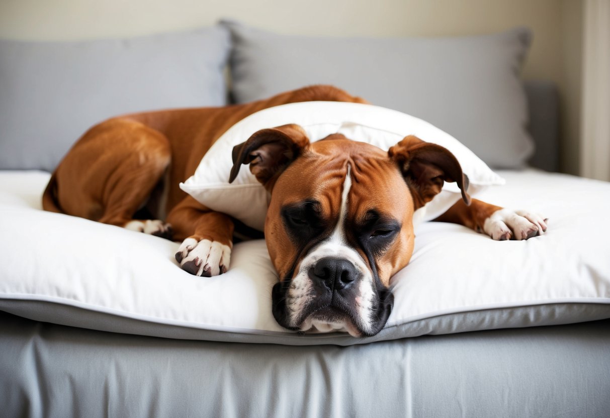 A boxer dog sleeping peacefully on a comfortable bed, with a soft pillow under its head, surrounded by a calm and quiet environment