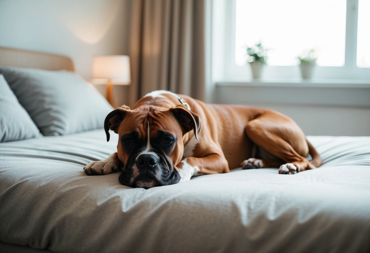 A boxer dog sleeps peacefully on a comfortable bed in a quiet, clutter-free room with soft lighting and a gentle breeze from an open window