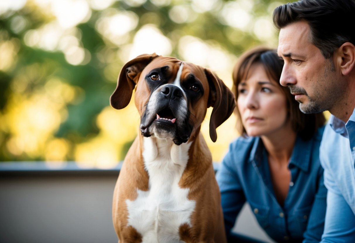 A boxer dog shakes its head vigorously, ears flopping, while a concerned owner looks on
