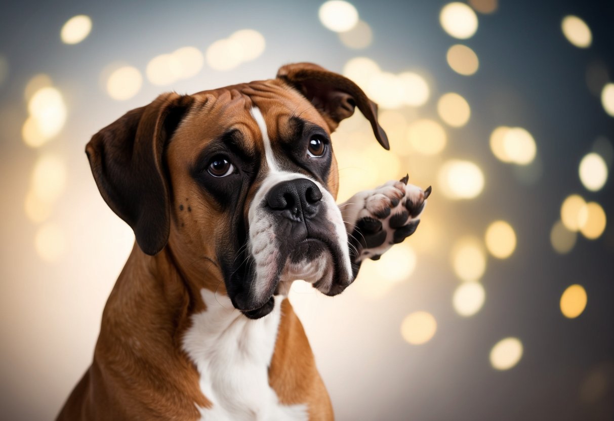 A boxer dog tilting its head with a concerned expression, pawing at its ear