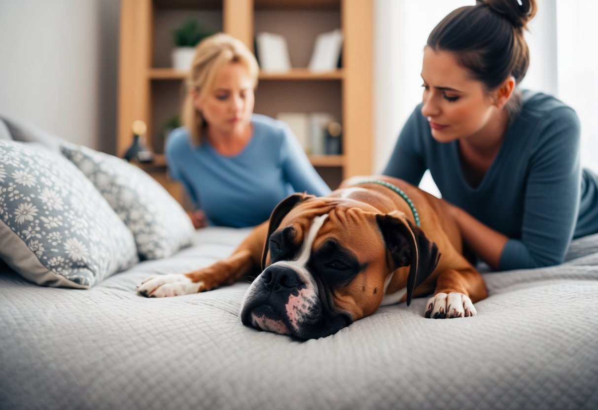 A boxer dog sleeping peacefully on a cozy bed, with a concerned owner looking for ways to stop the dog's loud snoring