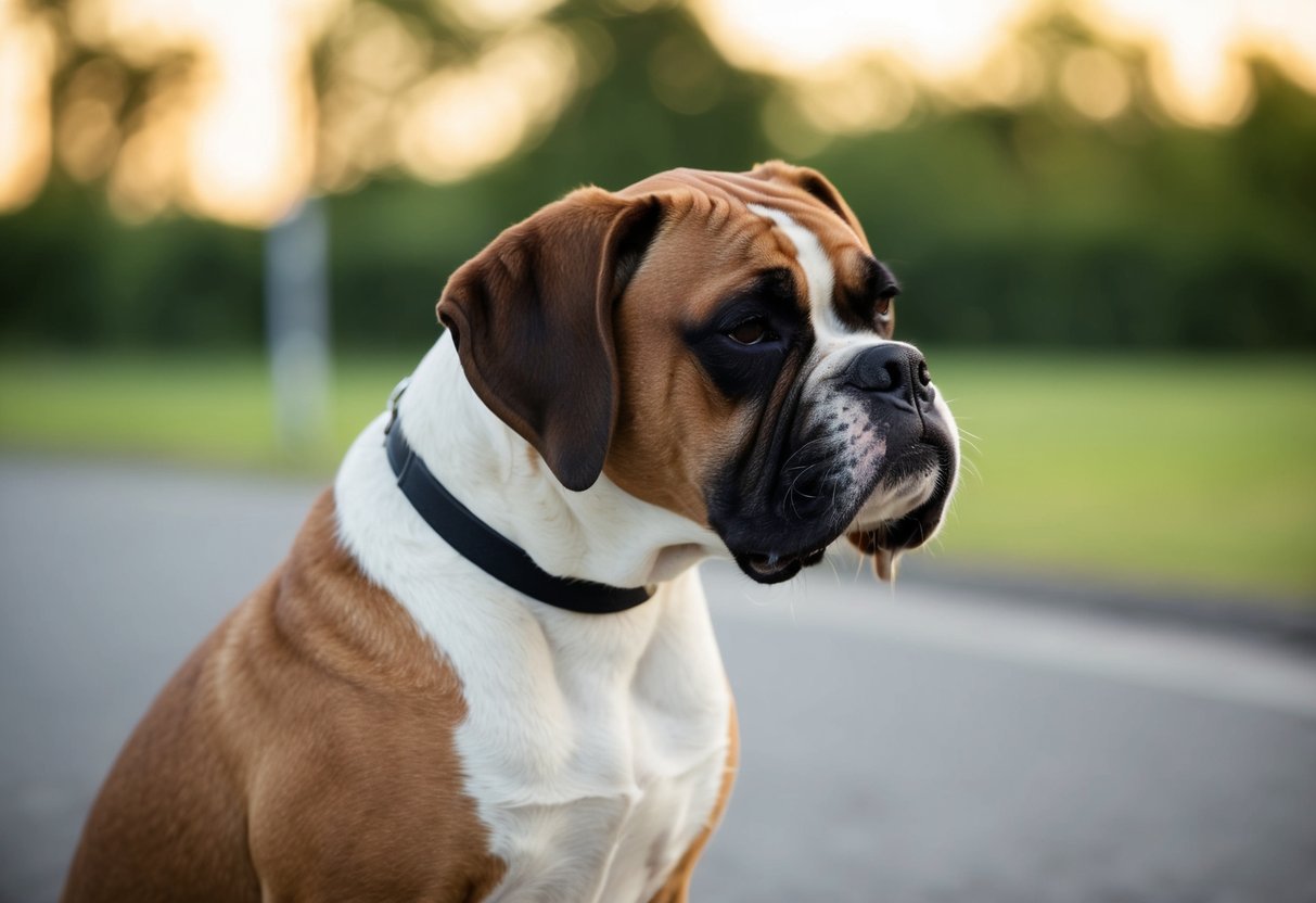A boxer dog with droopy ears tilting its head to the side, looking uncomfortable