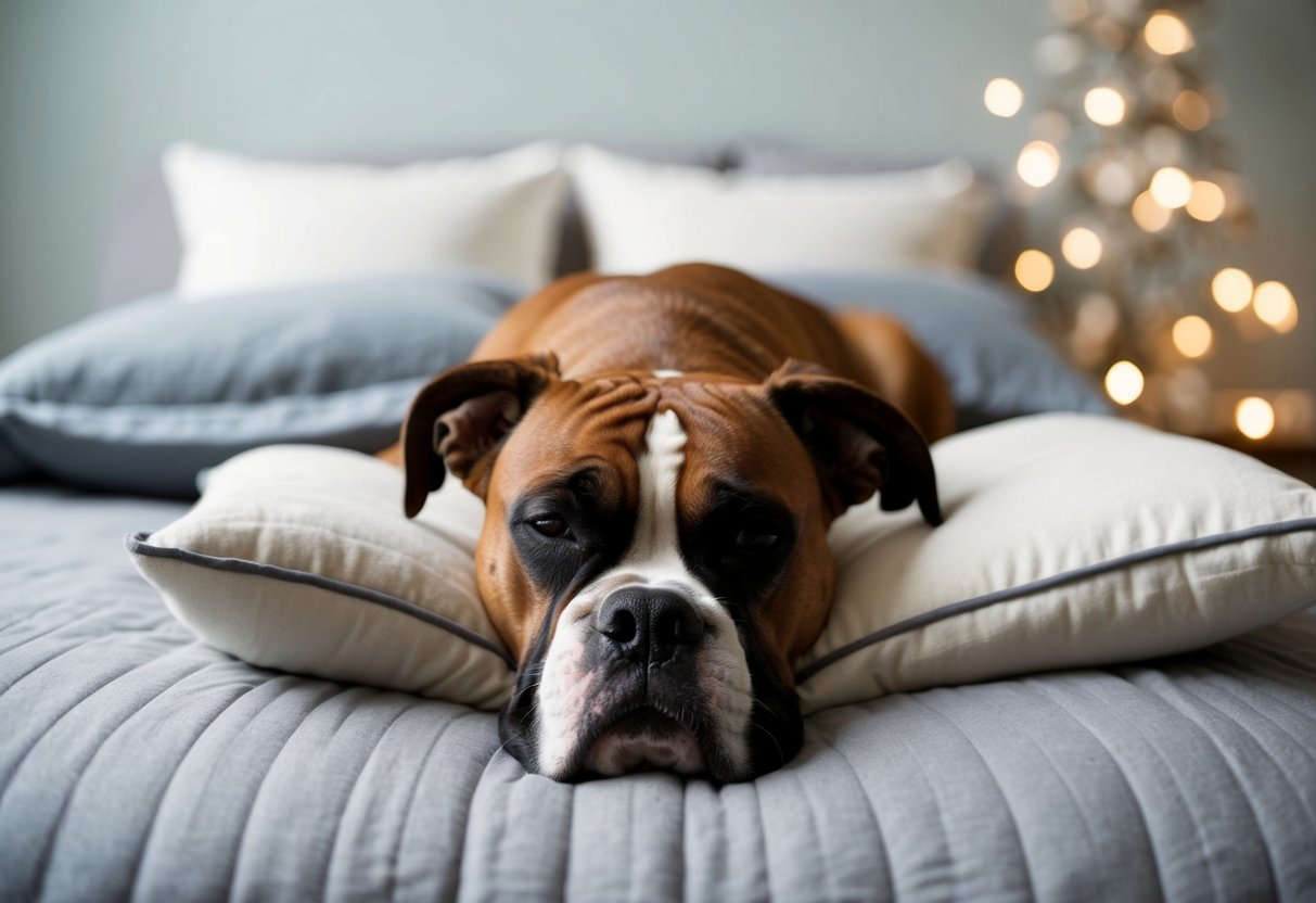 A boxer dog lies peacefully on a cozy bed, eyes closed, with a contented expression, surrounded by soft pillows and blankets