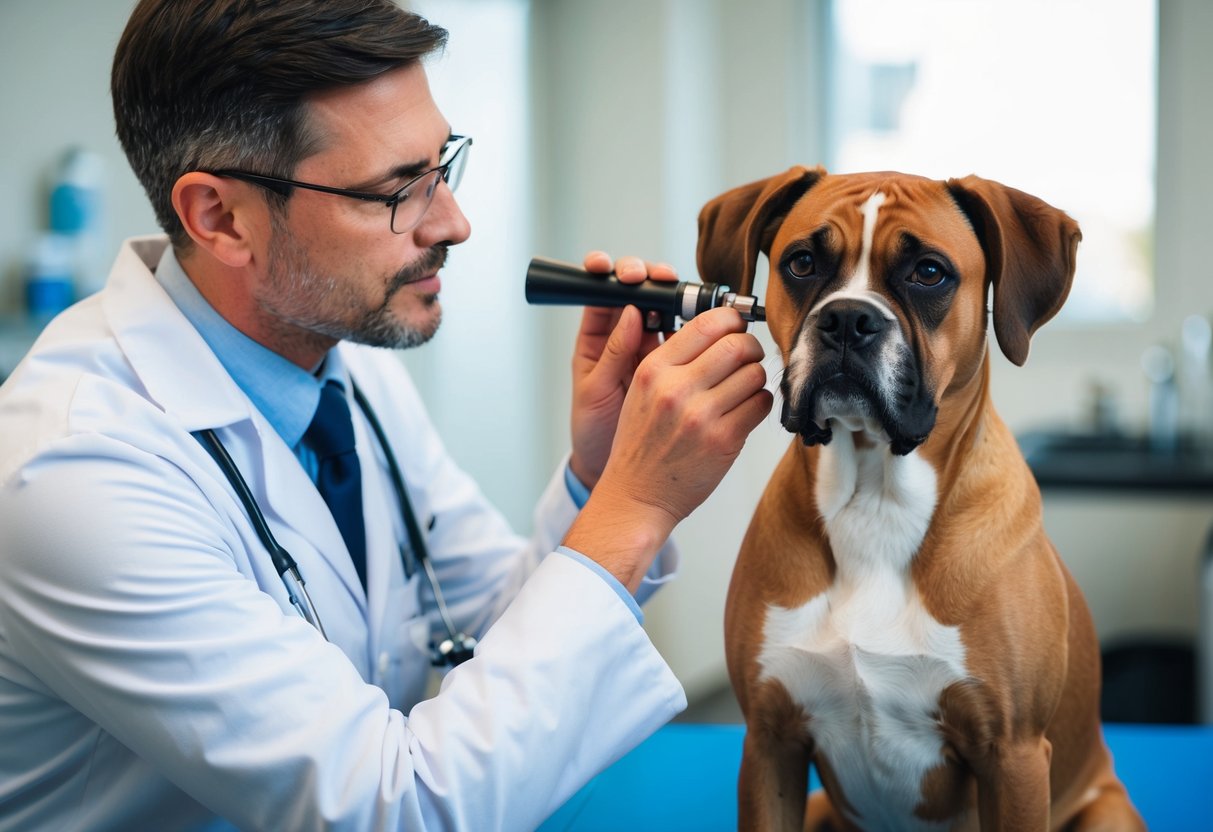 A veterinarian examining a boxer dog's ears with a otoscope, while the dog sits calmly on a table