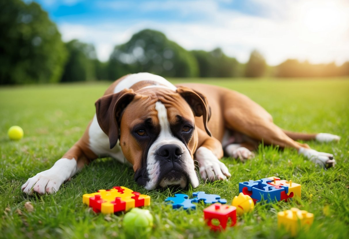 A boxer dog lies on a grassy field, surrounded by scattered toys and puzzle games. The sun shines overhead as the dog rests after a long walk