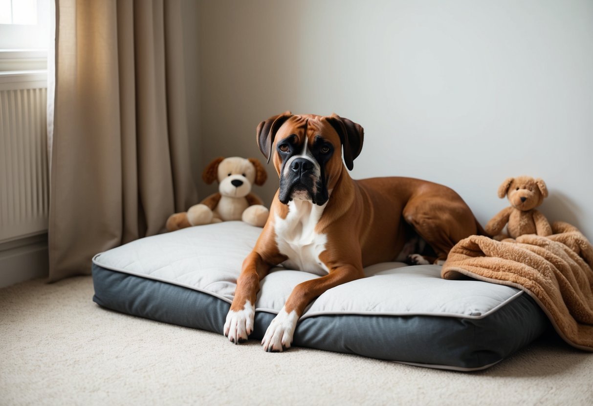 A boxer dog lies on a soft, cushioned bed in a cozy corner of a room, surrounded by plush toys and a warm blanket
