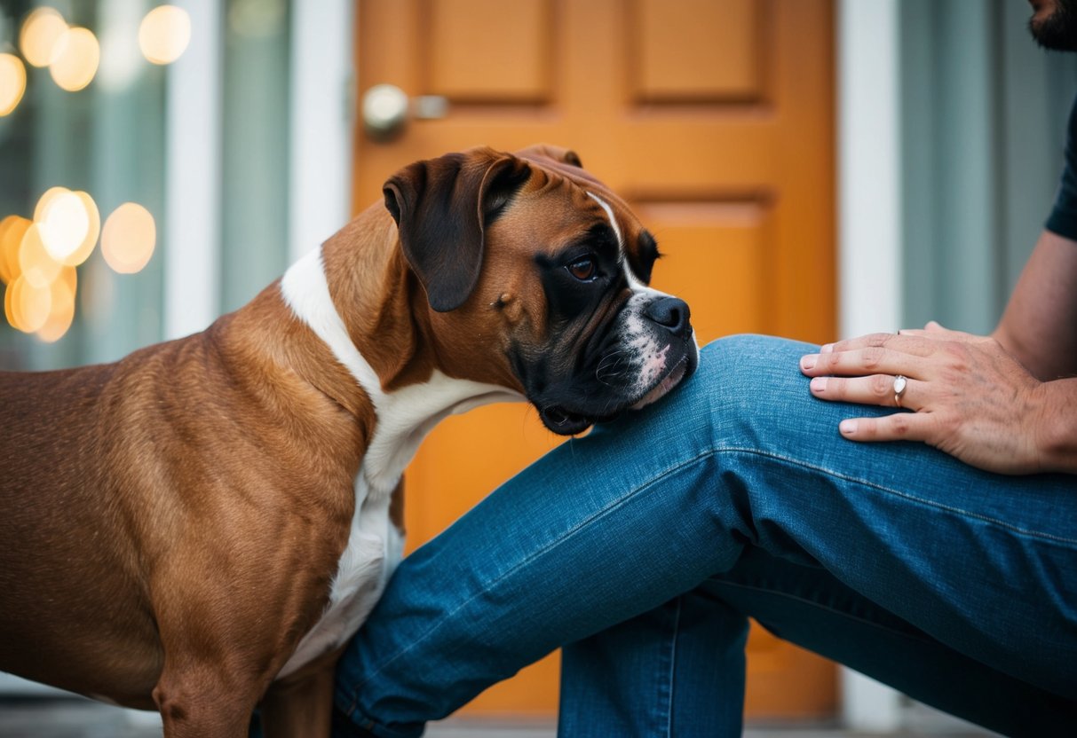 A boxer dog leans its body against a person's leg, pressing its head against the person's chest in a gesture of affection
