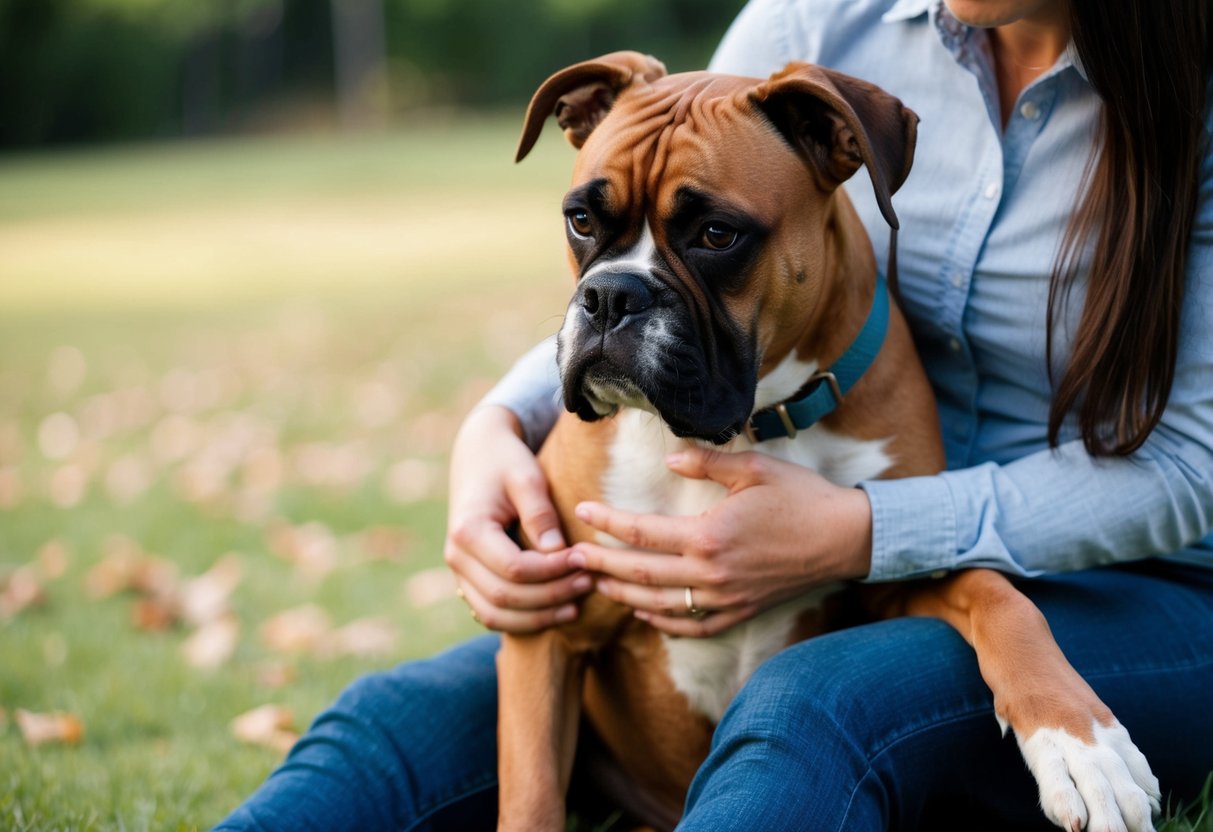 A boxer dog sitting on its hind legs with its front paws wrapped around a person's waist, showing affection and seeking attention