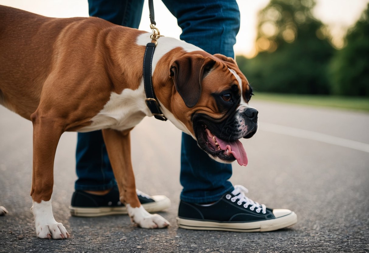 A boxer dog presses its body against a person's leg, tail wagging