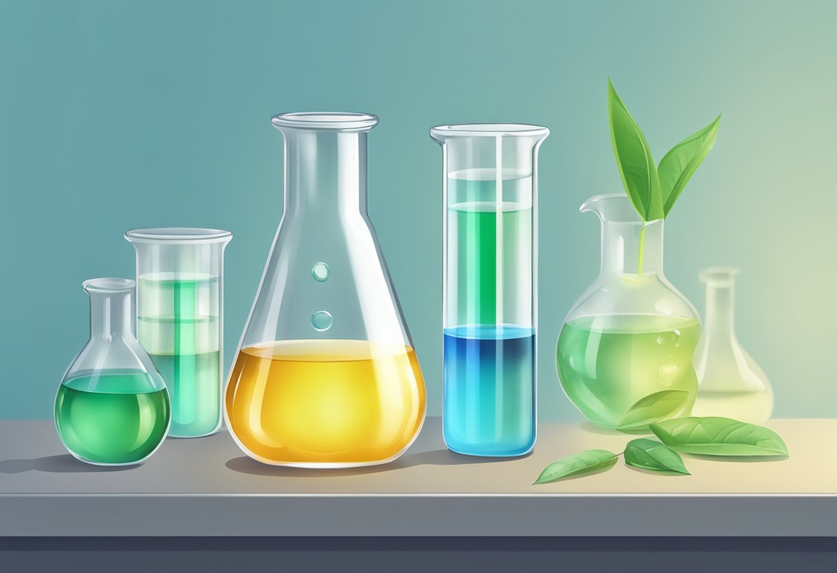 A glass beaker filled with clear sodium hypochlorite solution, sitting on a laboratory bench next to a dropper and a test tube