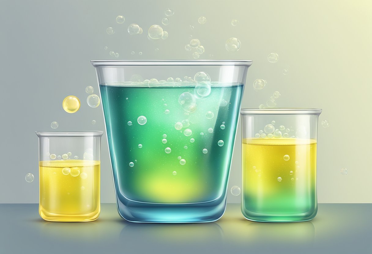 A clear glass beaker holds a solution of sodium hypochlorite, with bubbles forming on the surface and a faint yellowish tint