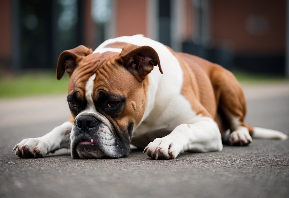 A boxer dog panting heavily, struggling to catch its breath while lying on the ground