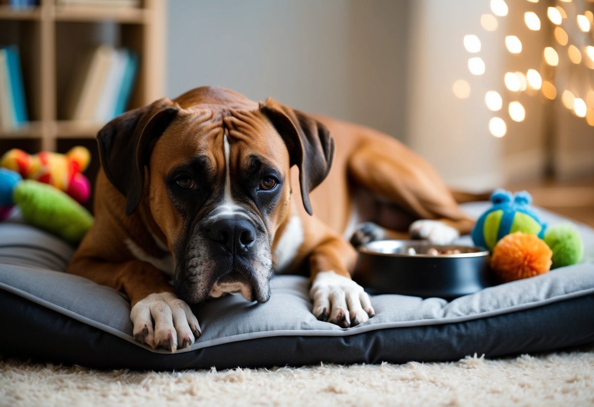 A mature boxer dog with a graying muzzle relaxes on a cozy bed, surrounded by toys and a food bowl