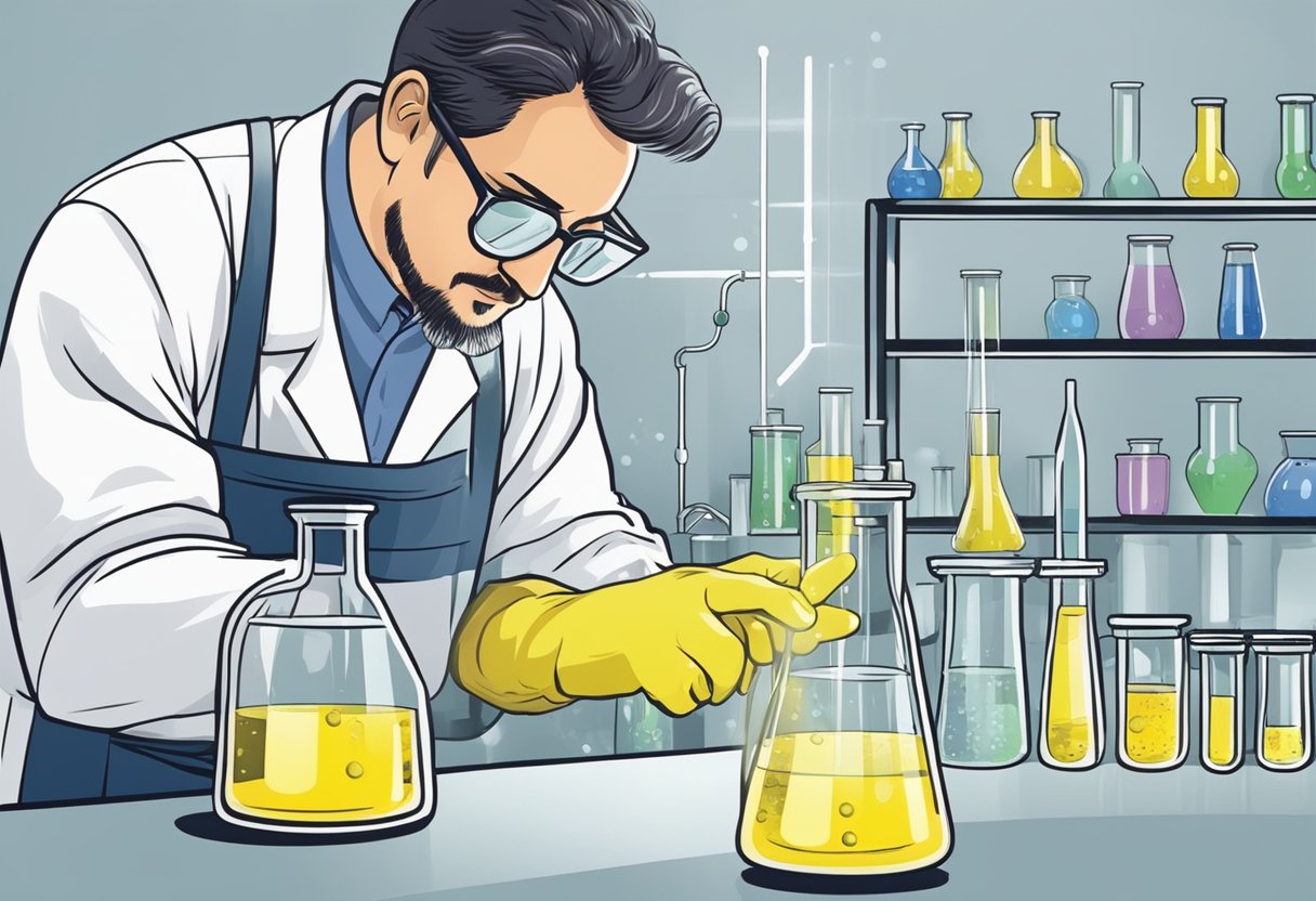 A laboratory technician pours chemicals into a glass beaker, creating a bubbling, yellowish solution of sodium hypochlorite