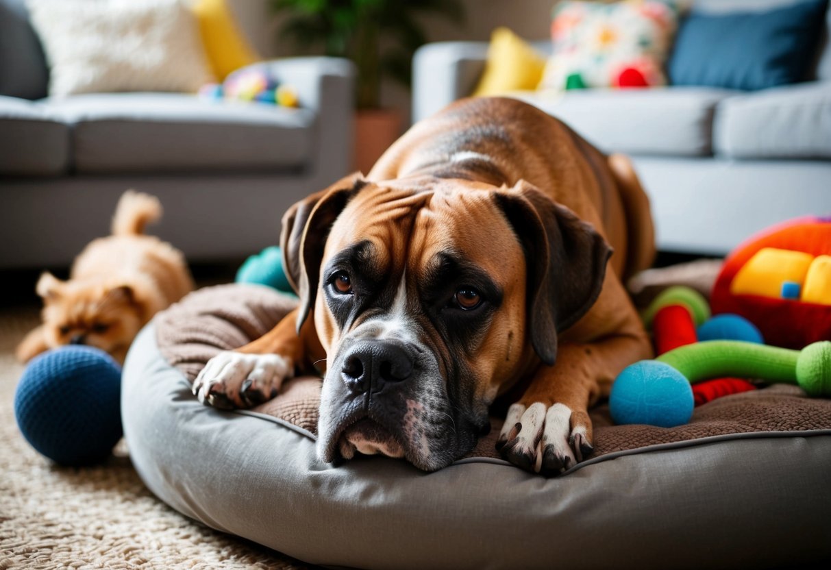 A close-up of a senior boxer dog with a grey muzzle, lying peacefully in a cozy living room, surrounded by toys and a well-worn dog bed