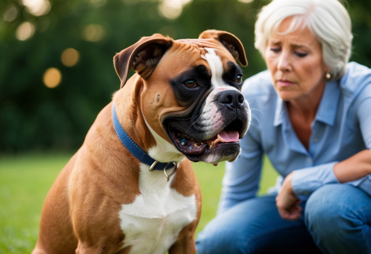 A boxer dog panting heavily, struggling to catch its breath, with a concerned owner looking on