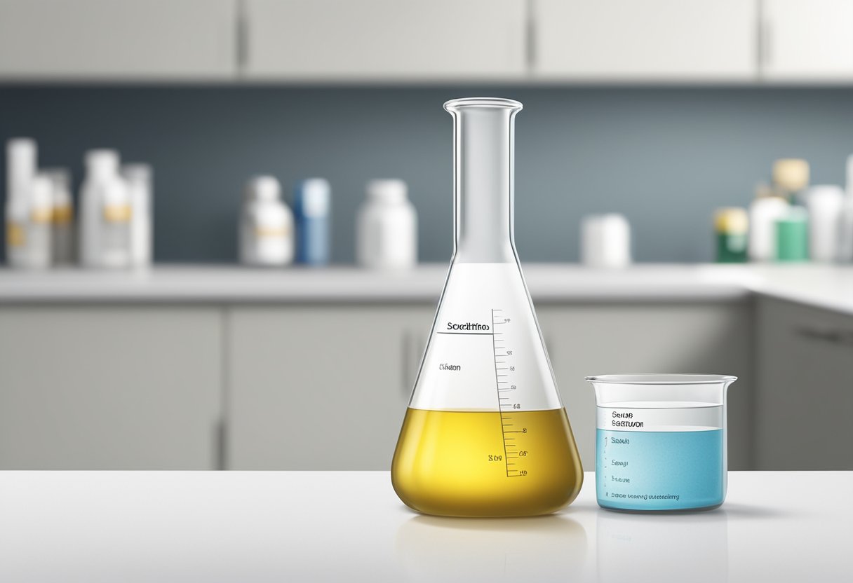 A laboratory beaker filled with clear liquid, labeled "Sodium Hypochlorite Solution," sits on a clean, white countertop