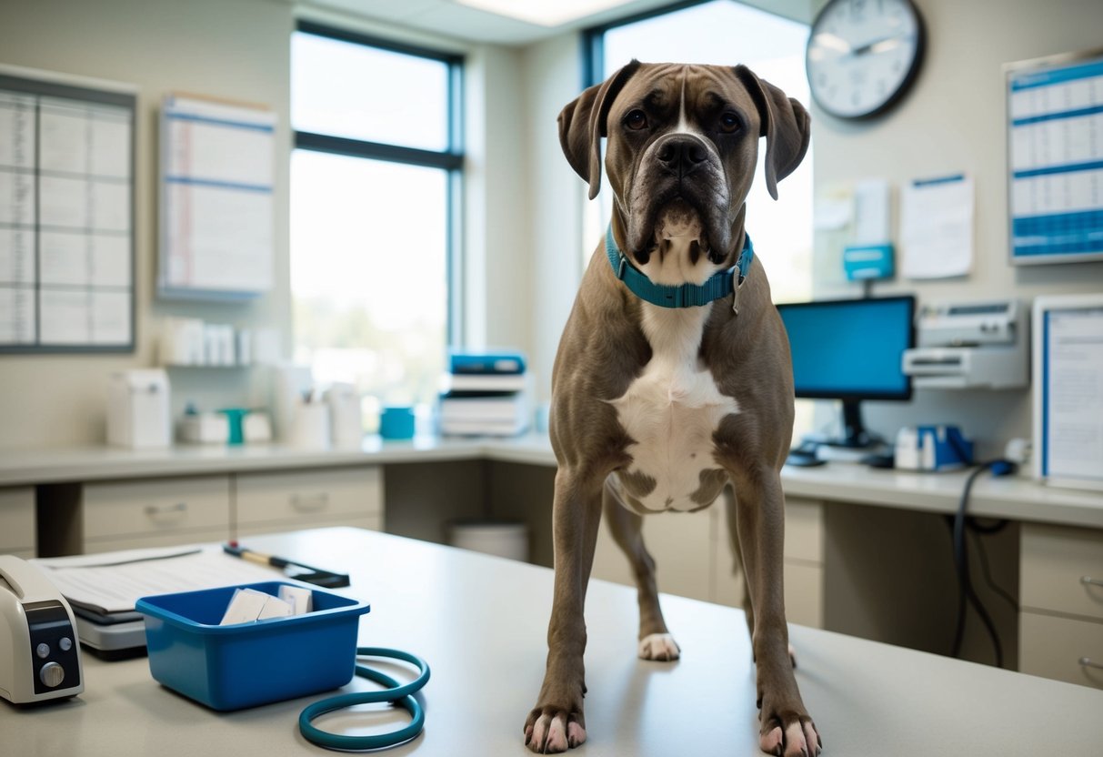 A boxer dog with a greying coat stands in a veterinarian's office, surrounded by charts and medical equipment