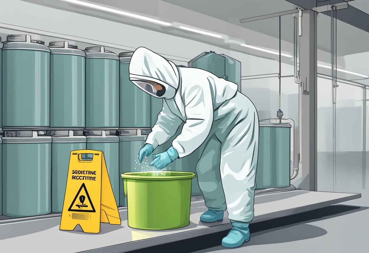 A person wearing protective gear pours sodium hypochlorite solution into a labeled container in a well-ventilated area