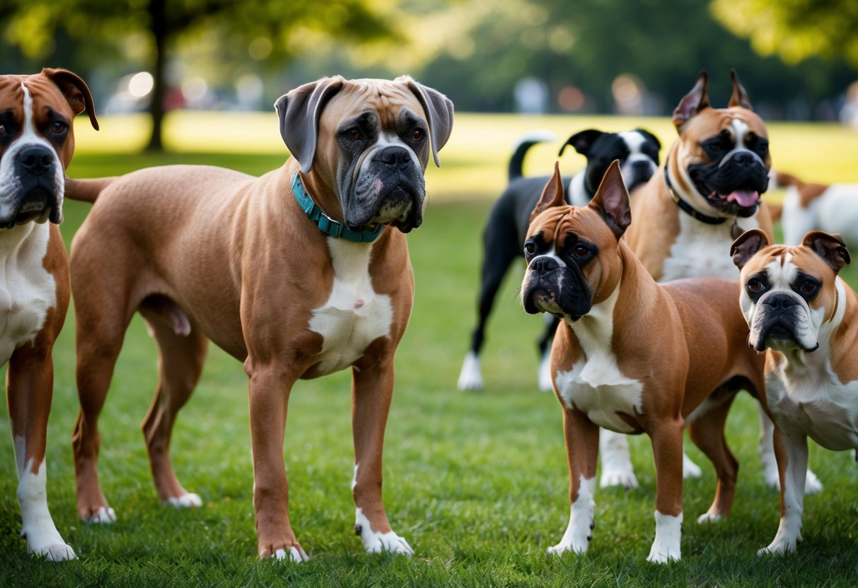 A senior boxer dog with a grey muzzle stands next to a younger, more vibrant boxer. Nearby, other dog breeds of various ages and colors mingle in a park setting