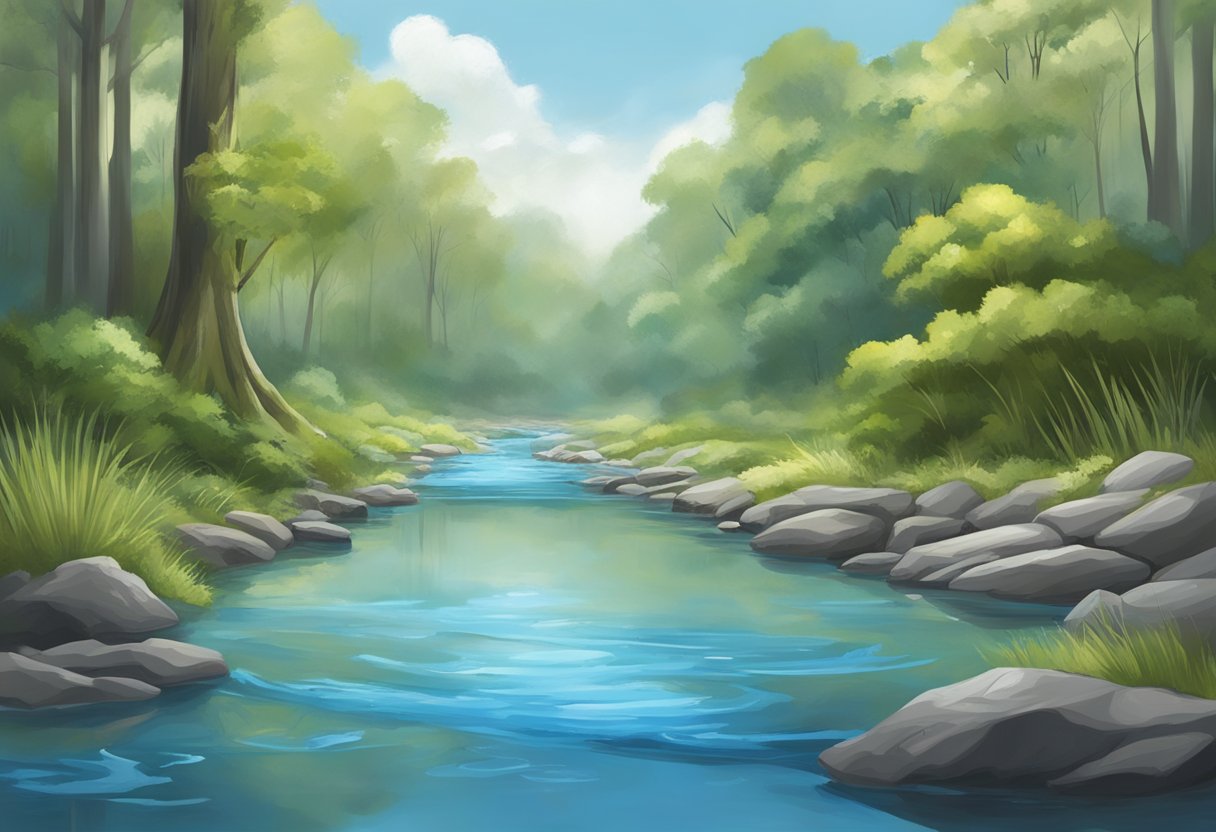 A spill of sodium hypochlorite solution seeping into a freshwater stream, causing the water to turn a pale, cloudy blue and affecting the surrounding vegetation
