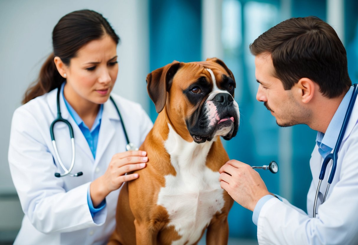 A boxer dog with a concerned expression, panting heavily while a veterinarian examines its chest with a stethoscope