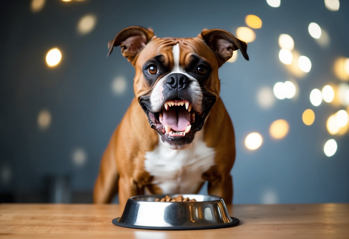 A snarling boxer dog bares its teeth, ears pinned back, and hackles raised, standing defensively in front of a food bowl