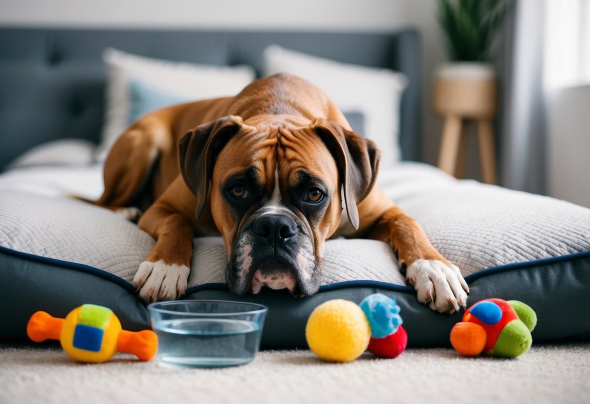 An aging boxer dog with a grey muzzle rests on a cozy bed, surrounded by toys and a water bowl