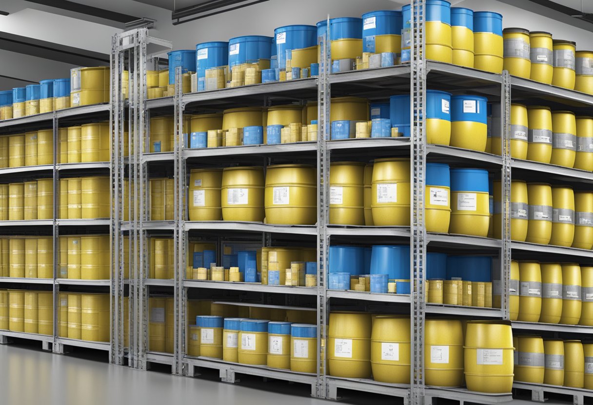 A warehouse shelf lined with barrels of sodium hypochlorite solution, each labeled with regulatory and compliance standards symbols