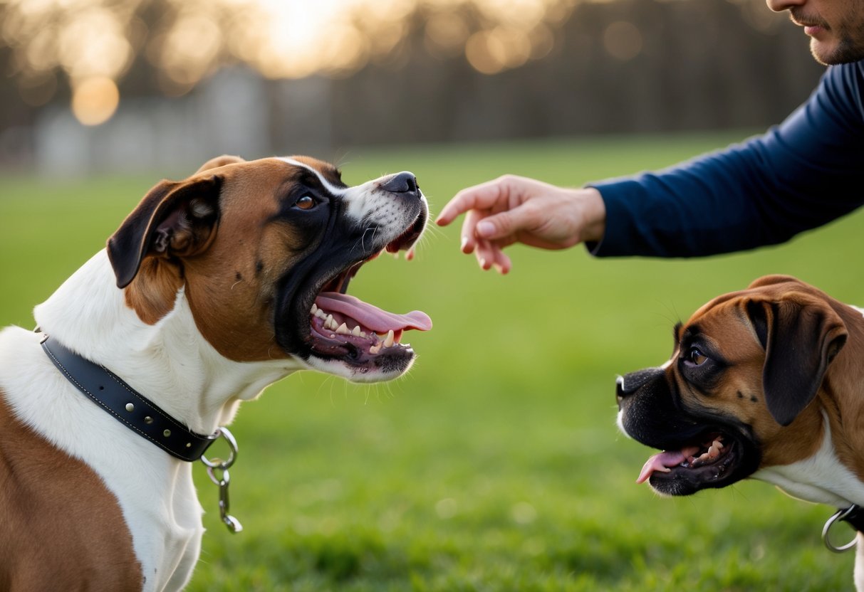 A boxer dog barking aggressively at another dog during a training session with a professional dog trainer