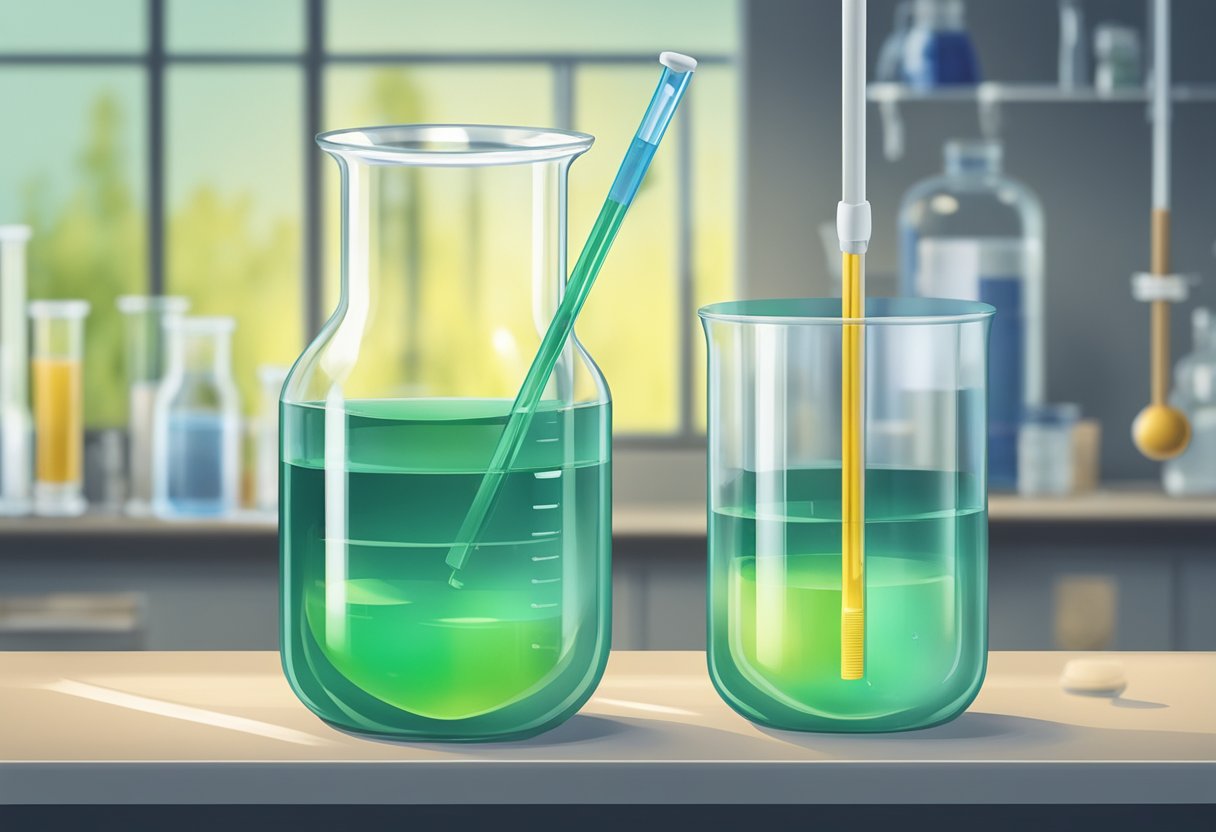 A clear glass beaker holds a solution of sodium hypochlorite, with a stirring rod resting next to it on a lab bench