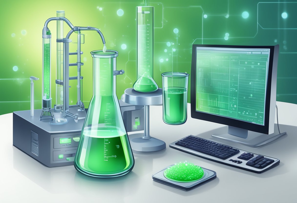 A laboratory beaker filled with bubbling sodium hypo chlorite solution, surrounded by scientific equipment and glowing computer screens