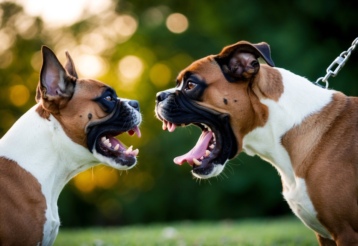 A snarling boxer dog bares its teeth, ears flattened and body tense, as it confronts another dog