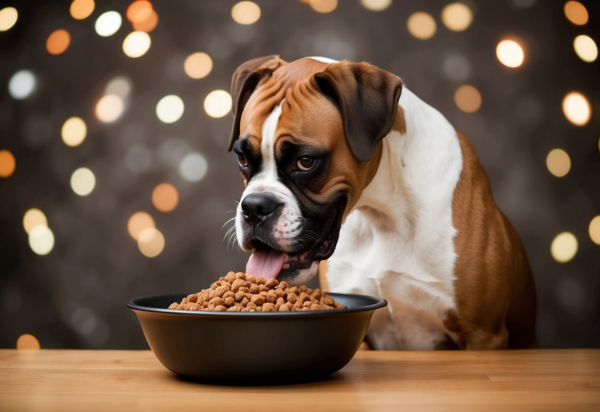A boxer dog eagerly devours a large bowl of food