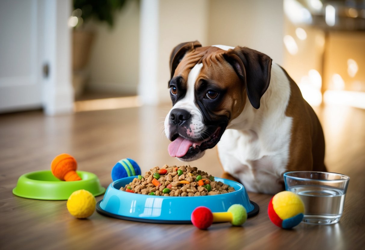 A boxer dog eagerly eats from a large bowl filled with nutritious food, surrounded by toys and a water dish