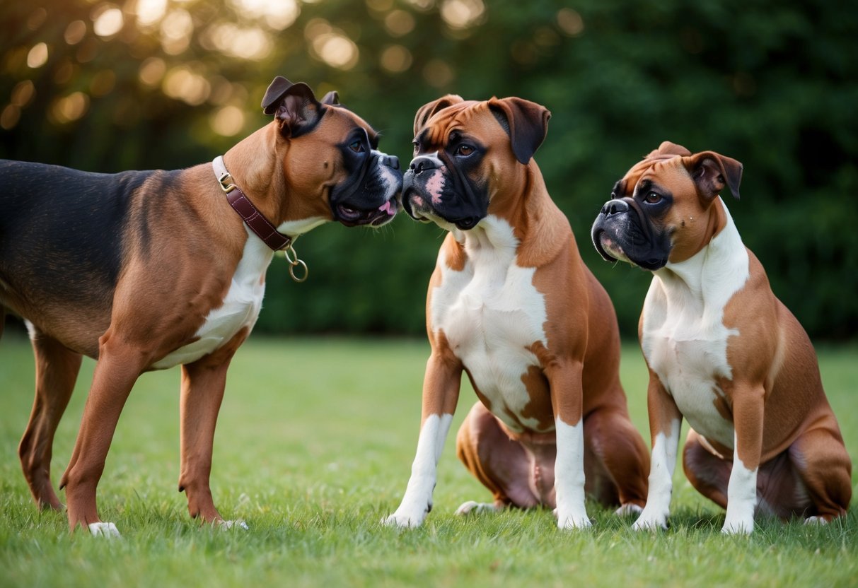 A boxer dog interacts with other dogs, reading their body language and responding appropriately