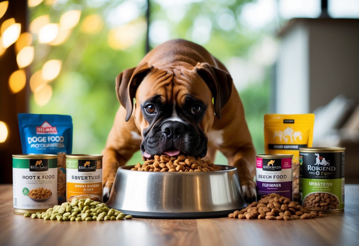 A boxer dog eagerly chows down on a large bowl of high-quality food, surrounded by various types of recommended dog food