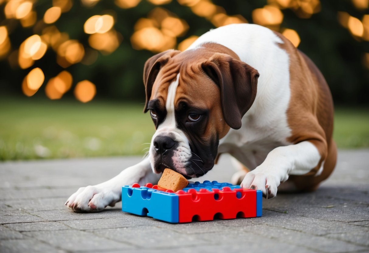 A boxer dog solving a puzzle toy to retrieve a treat
