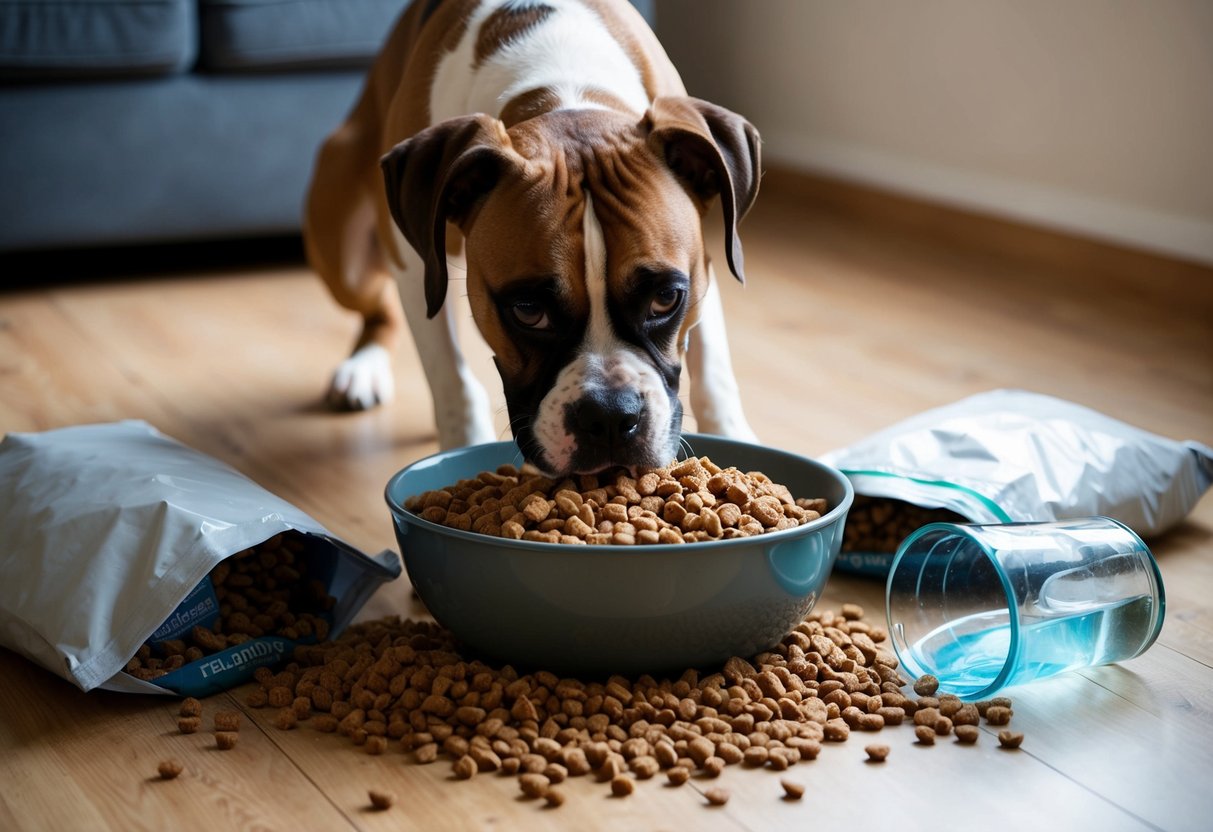 A boxer dog eagerly devours a large bowl of kibble, surrounded by empty food bags and a spilled water dish