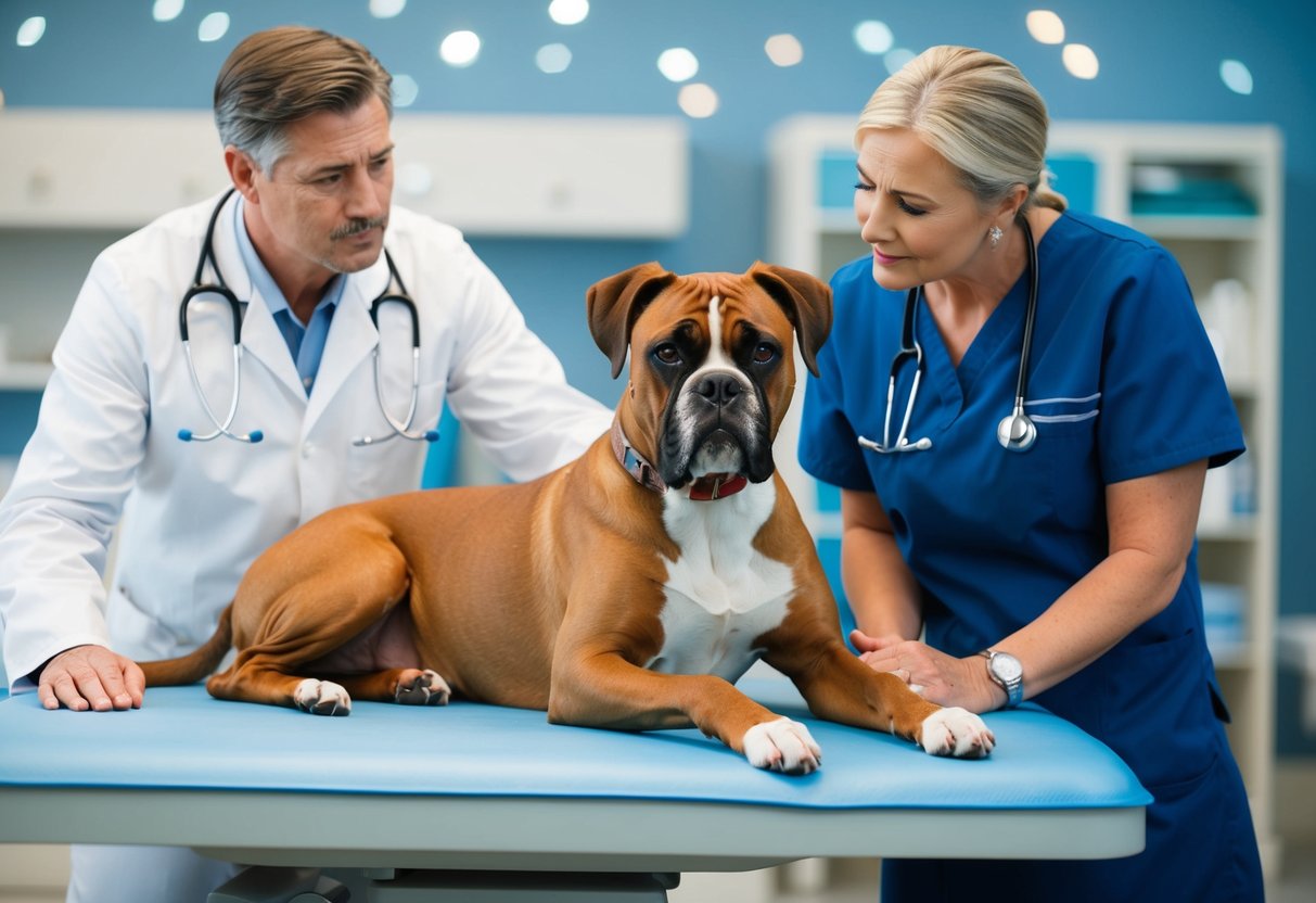 A boxer dog laying on a veterinary examination table, with a concerned owner and a veterinarian discussing common health issues