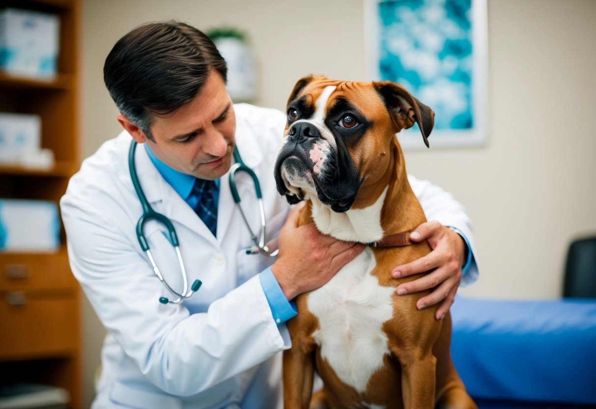 A boxer dog with a concerned expression, holding its chest in discomfort, with a veterinarian examining its heart with a stethoscope