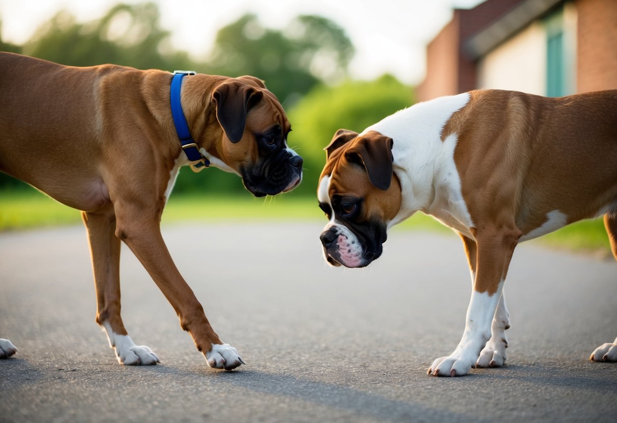 A boxer dog limping with a strained leg, while another boxer dog struggles to stand due to hip dysplasia