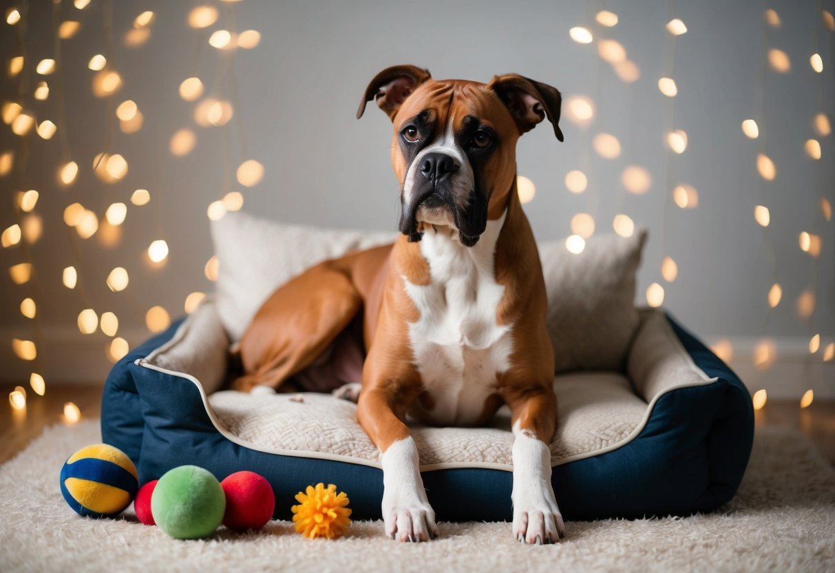 A boxer dog sits calmly with ears perked, tail relaxed, and a gentle expression, surrounded by toys and a cozy bed