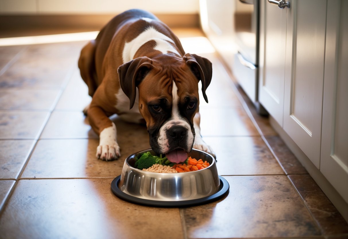 A boxer dog eagerly eats a balanced meal of lean protein, vegetables, and grains from a stainless steel bowl on a tiled kitchen floor