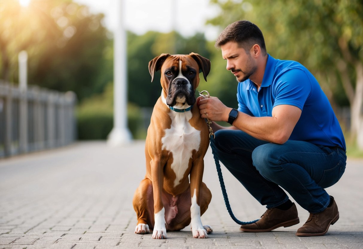 A boxer dog sits calmly as its owner uses positive reinforcement training techniques to mitigate aggression