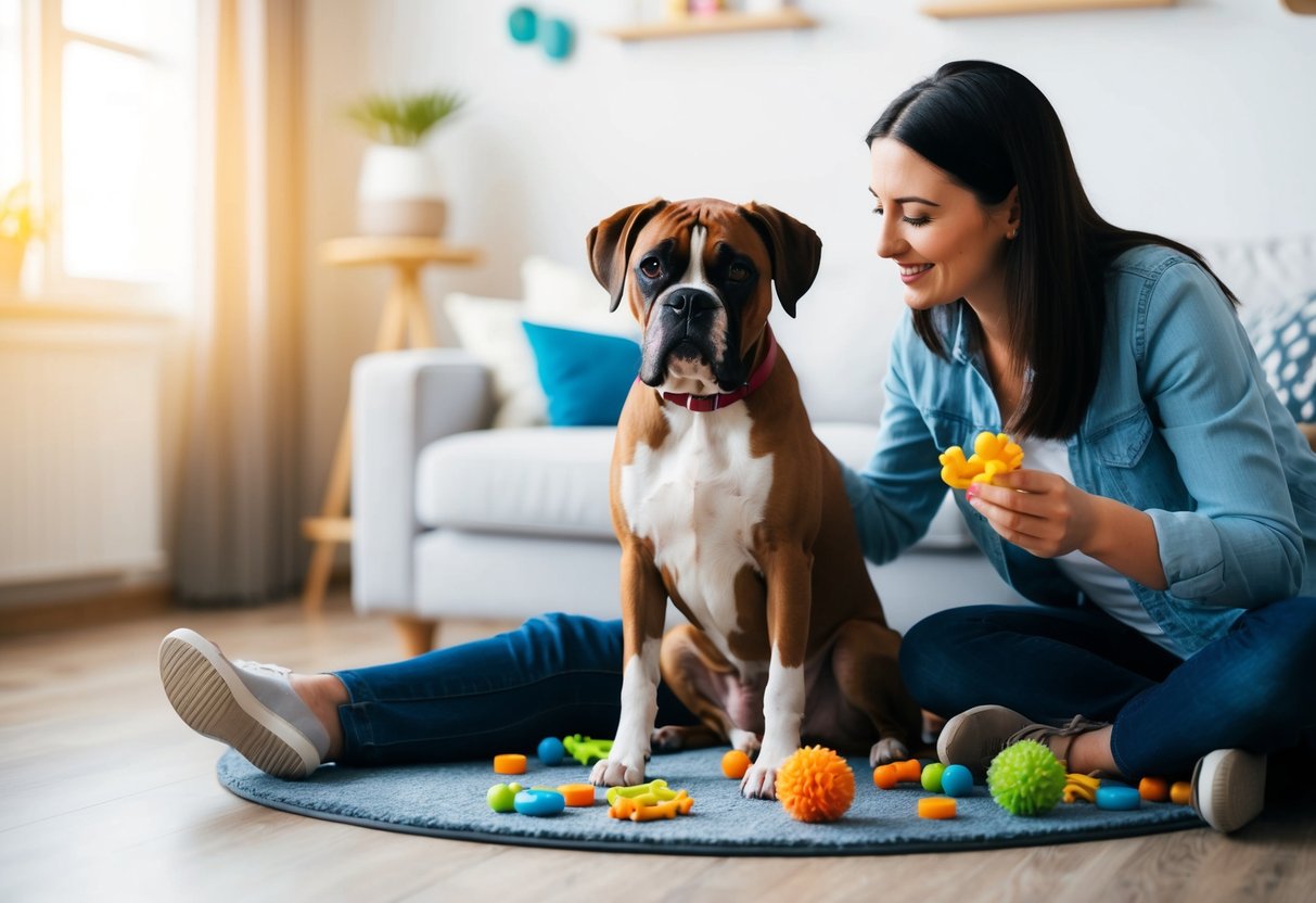 A boxer dog sitting calmly next to its owner, surrounded by toys and treats, receiving positive reinforcement for good behavior