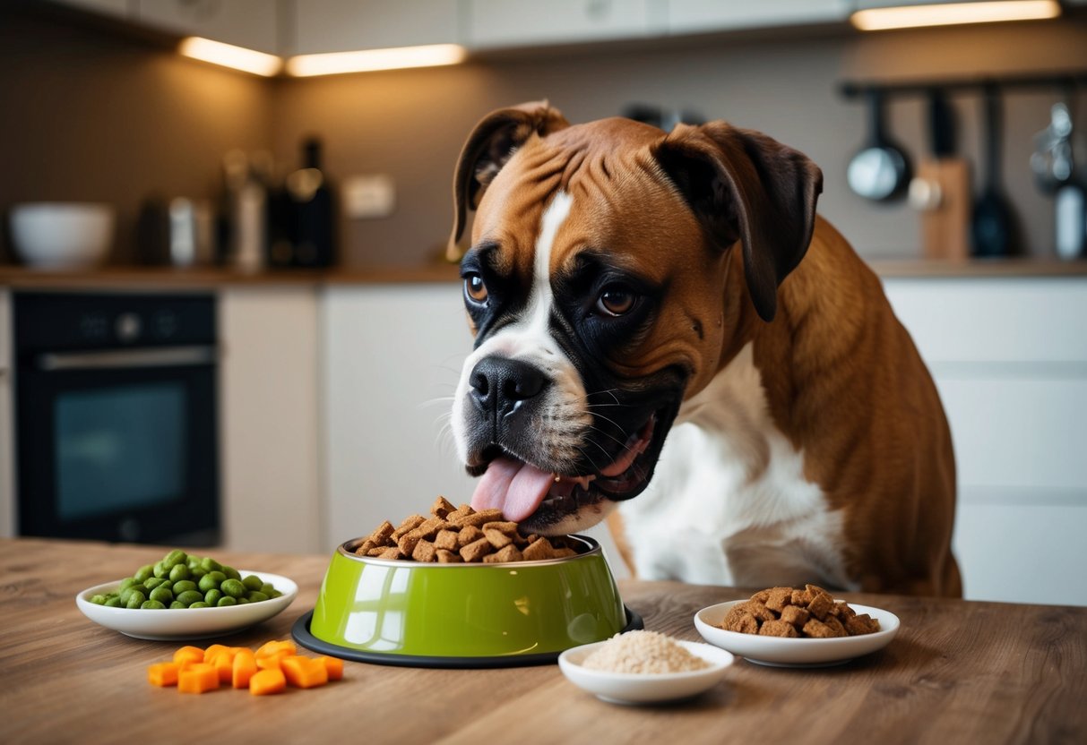 A boxer dog eagerly eats from a bowl of high-quality dog food, surrounded by various options and ingredients