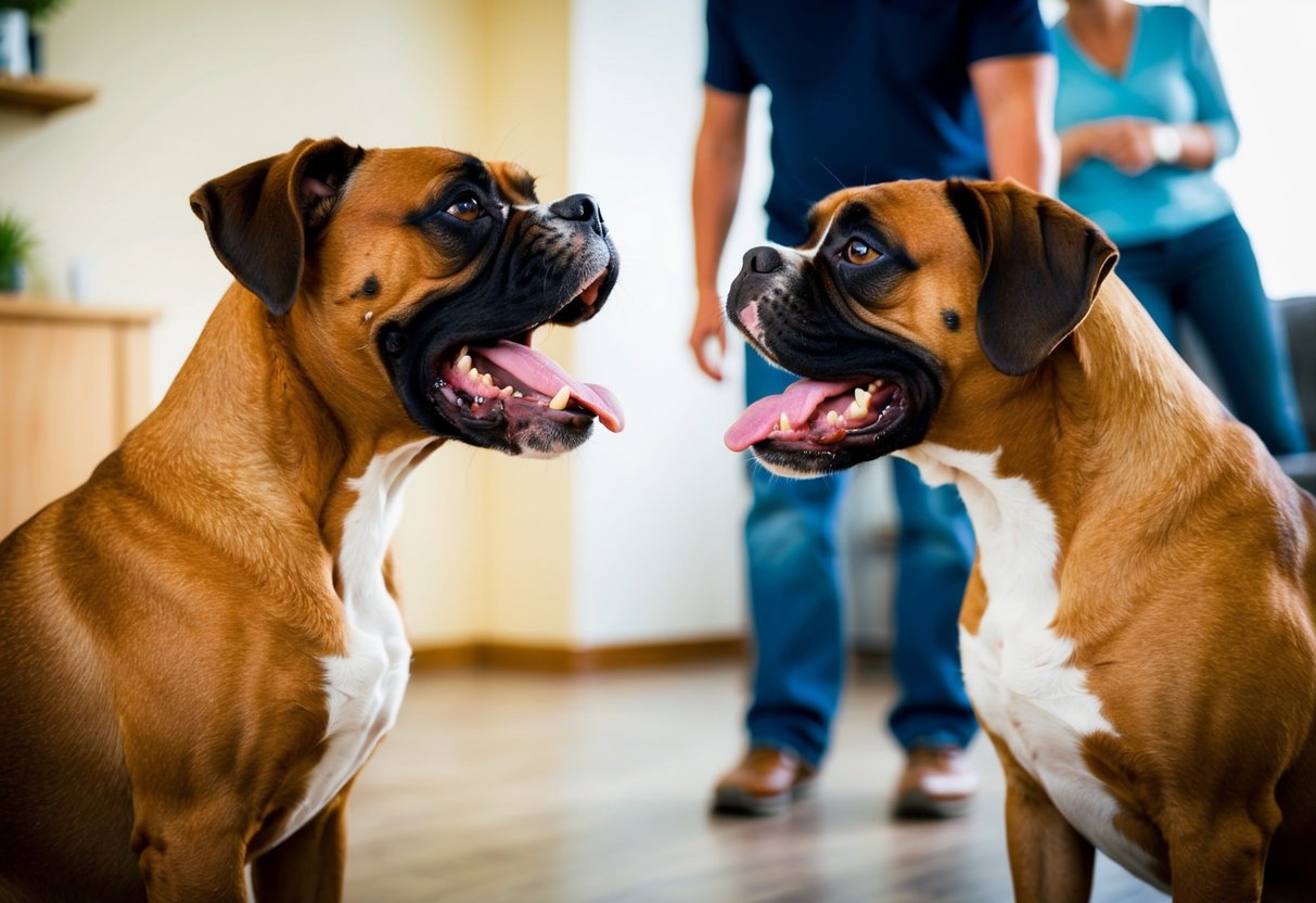 A boxer dog showing aggressive behavior towards another dog, with raised hackles and bared teeth, while the owner looks on with concern